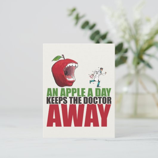 Een appel per dag houdt de dokter weg grappige app briefkaart (Staand voorkant)