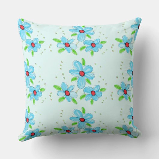 Een artistiek rood en baby blauw kussen (Achterkant)