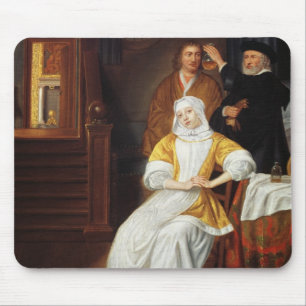 Een arts die een jongedame in een slaapkamer bezoe muismat