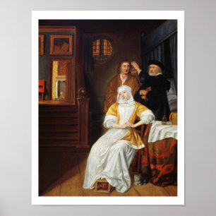 Een arts die een jongedame in een slaapkamer bezoe poster