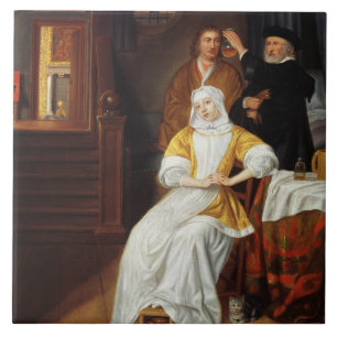 Een arts die een jongedame in een slaapkamer bezoe tegeltje