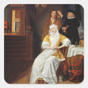 Een arts die een jongedame in een slaapkamer bezoe vierkante sticker