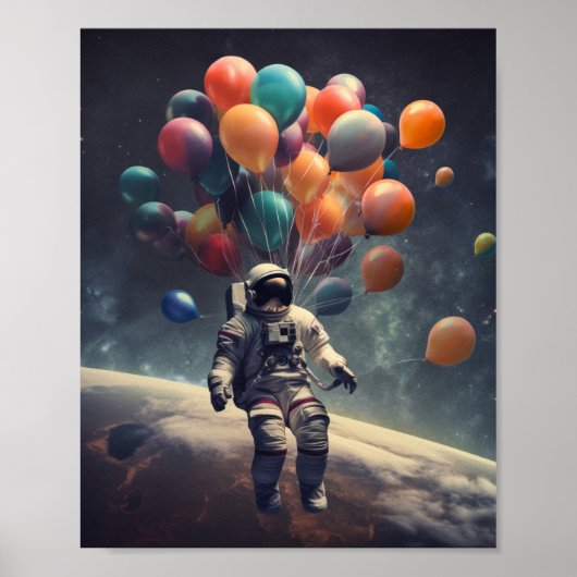 Een Astronaut die drijft in de lucht met ballonnen Poster (Voorkant)