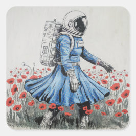 een astronaut in een blauwe jurk die door klaproze vierkante sticker