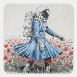 een astronaut in een blauwe jurk die door klaproze vierkante sticker
