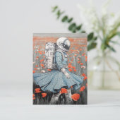 Een astronaut in een blauwe jurk die in klaprozen  briefkaart (Staand voorkant)