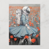 Een astronaut in een blauwe jurk die in klaprozen  briefkaart (Voorkant)