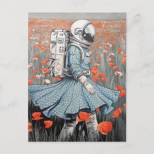 Een astronaut in een blauwe jurk die in klaprozen briefkaart (Voorkant)