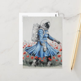 Een astronaut in een blauwe jurk die in klaprozen briefkaart