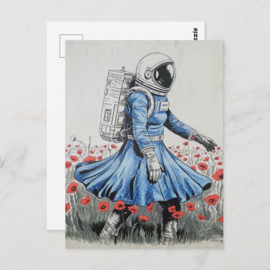 Een astronaut in een blauwe jurk die in klaprozen briefkaart (Voorkant / Achterkant)