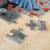 Een astronaut in een blauwe jurk die in klaprozen  legpuzzel (Zijkant)