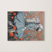 Een astronaut in een blauwe jurk die in klaprozen  legpuzzel (Horizontaal)