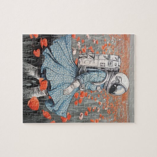 Een astronaut in een blauwe jurk die in klaprozen  legpuzzel (Horizontaal)