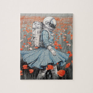 Een astronaut in een blauwe jurk die in klaprozen  legpuzzel