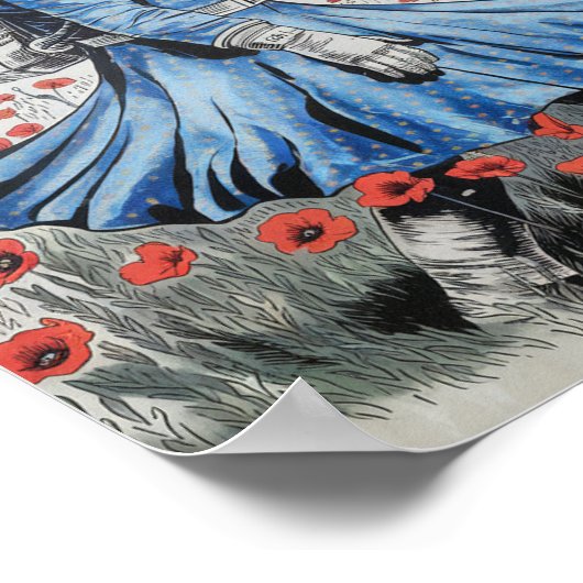 Een astronaut in een blauwe jurk die in klaprozen poster (Hoek)