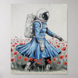 Een astronaut in een blauwe jurk die in klaprozen poster