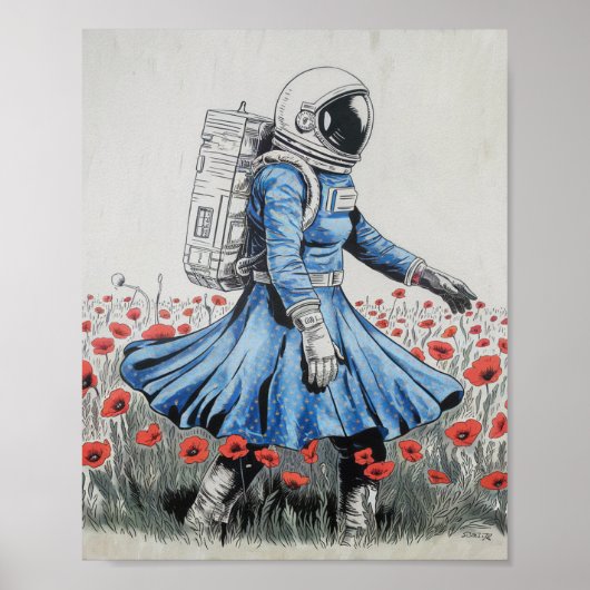 Een astronaut in een blauwe jurk die in klaprozen  poster (Voorkant)