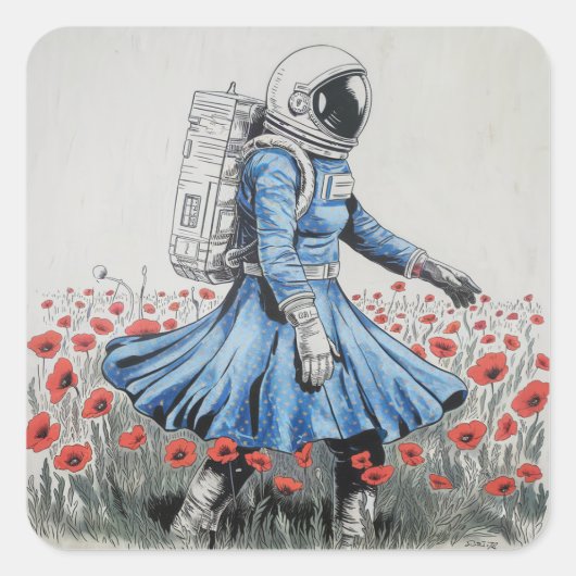 Een astronaut in een blauwe jurk die in klaprozen vierkante sticker (Voorkant)