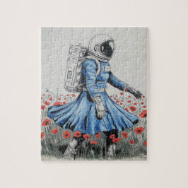 een astronaut in een blauwe jurk die in papavers l legpuzzel