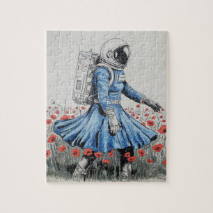 een astronaut in een blauwe jurk die in papavers l legpuzzel