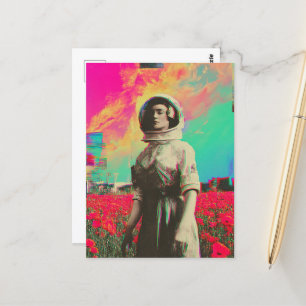 Een astronaut in een papaverveld glitch briefkaart