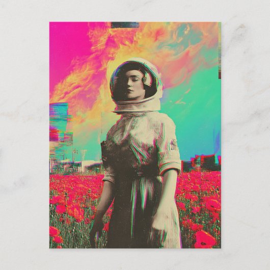 Een astronaut in een papaverveld glitch briefkaart (Voorkant)