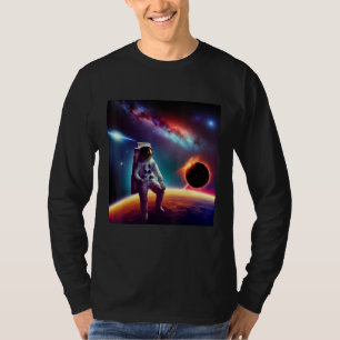 Een astronaut zit op een meteoriet die door de rui t-shirt