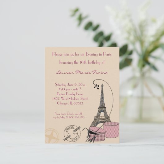 Een avond in Parijs Roze Thema Party Uitnodiging (Staand voorkant)