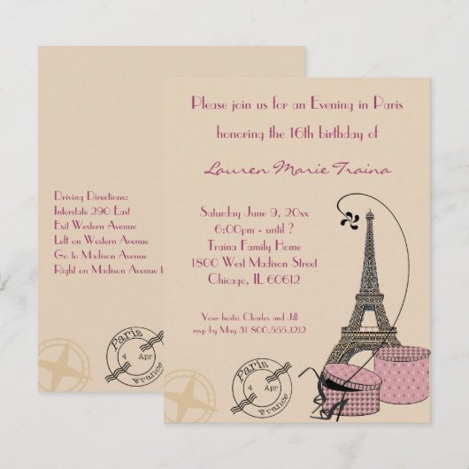 Een avond in Parijs Roze Thema Party Uitnodiging (Voorkant / Achterkant)