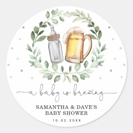 Een baby breekt | Baby shower Greenery Beer Ronde Sticker (Voorkant)