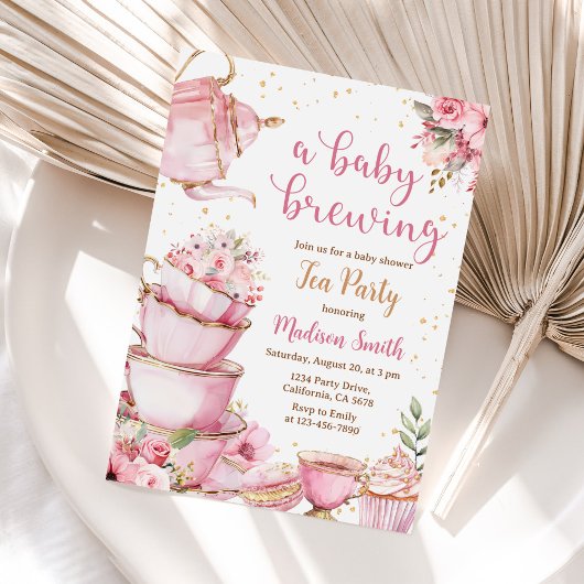 Een Baby brouwen Tea Party Roze Bloemen Baby showe Kaart