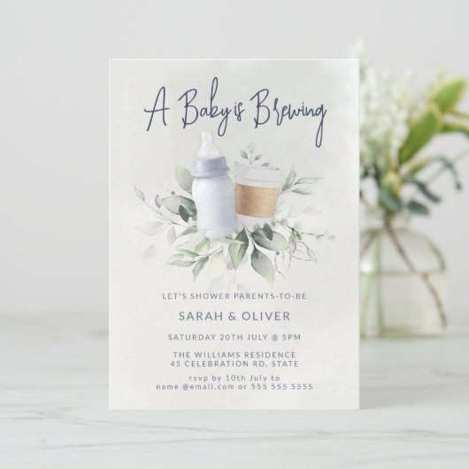 Een Baby brouwt Baby shower Invitation Blue Kaart (Staand voorkant)