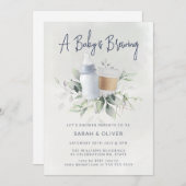 Een Baby brouwt Baby shower Invitation Blue Kaart (Voorkant / Achterkant)