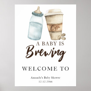 Een baby brouwt baby shower van een koffiefles poster