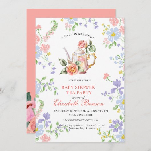 Een Baby brouwt Blush Flower Baby shower Tea Inv Kaart (Voorkant / Achterkant)