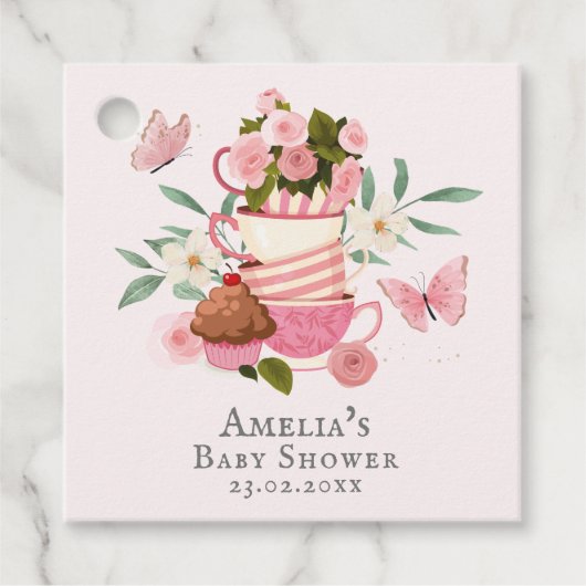 Een Baby brouwt florale theekopjes Baby shower Bedankjes Labels (Voorkant)