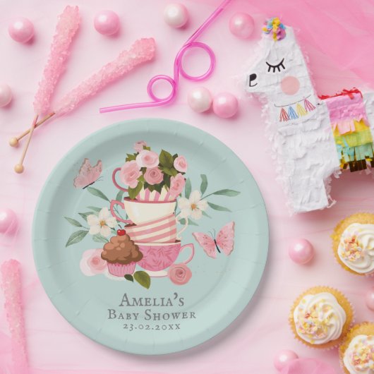 Een Baby brouwt florale theekopjes Baby shower Papieren Bordje (Feest)