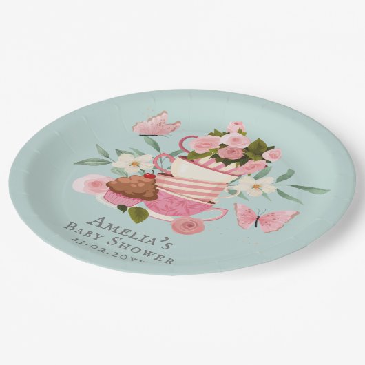 Een Baby brouwt florale theekopjes Baby shower Papieren Bordje (Gekanteld)