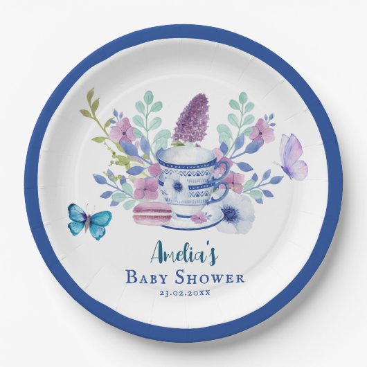 Een Baby brouwt florale theekopjes Baby shower Papieren Bordje (Voorkant)