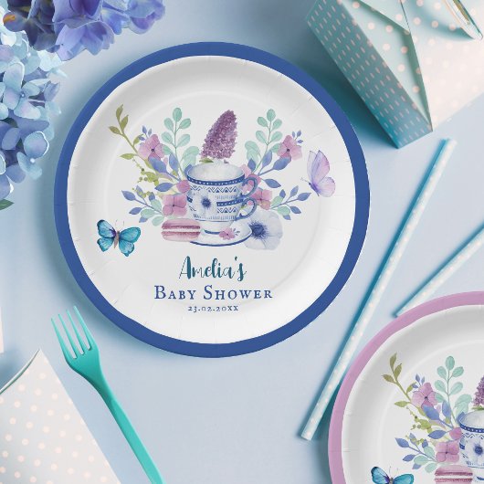 Een Baby brouwt florale theekopjes Baby shower Papieren Bordje