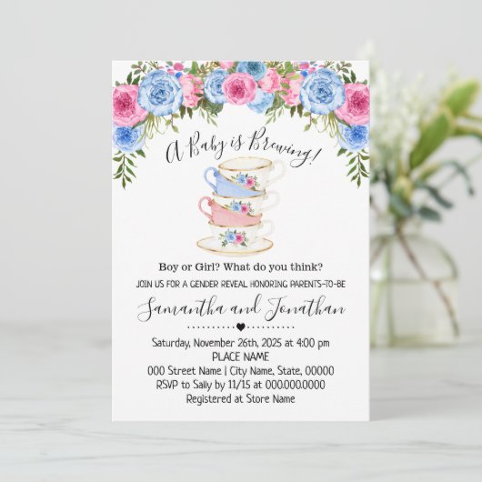 Een Baby brouwt gender reveal tea baby shower Feestdagenkaart (Staand voorkant)