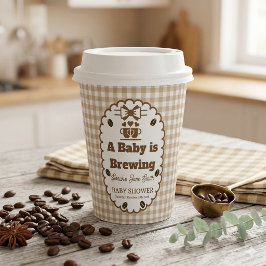 Een Baby Brouwt Gingham Koffie Neutraal Geslacht Papieren Bekers