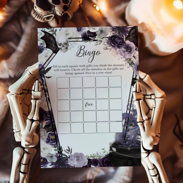 Een Baby brouwt Gothic Halloween Bingo Game (Floral Gothic Coffin A Baby is Brewing Baby Shower Bingo Game)