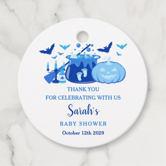 Een Baby brouwt Halloween Baby shower blauw Bedankjes Labels (Voorkant)