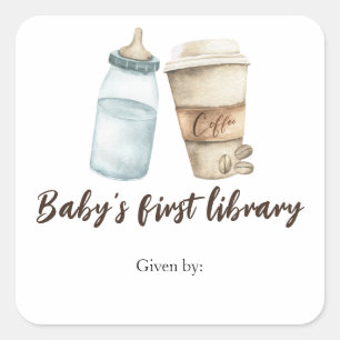 Een baby brouwt koffie - baby's eerste bibliotheek vierkante sticker