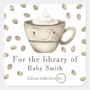 Een baby brouwt koffie - voor de bibliotheek van vierkante sticker
