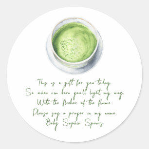 Een baby brouwt matcha - Aanbiddingskaarslabel Ronde Sticker