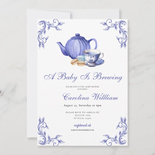 Een Baby brouwt paarse Tea Party Baby shower Kaart (Voorkant)
