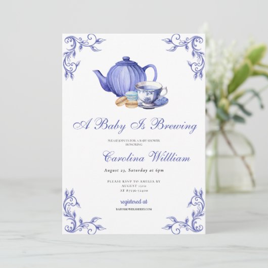 Een Baby brouwt paarse Tea Party Baby shower Kaart (Staand voorkant)