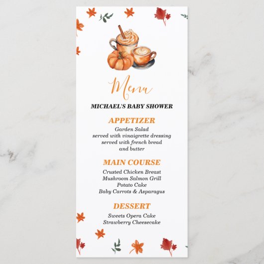 Een Baby brouwt Pumpkin Spice Coffee Baby shower Menu (Voorkant)
